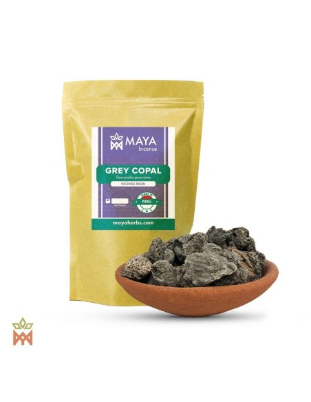 Copal gris du Pérou – sachet étiqueté Grey Copal, Made in Peru, et bol en terre cuite de morceaux de résine sombres