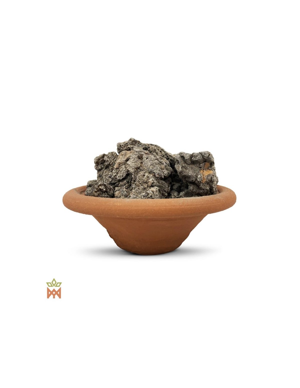 Copal gris du Pérou – morceaux de copal gris foncé et gris-brun dans un bol en terre cuite, vue de côté