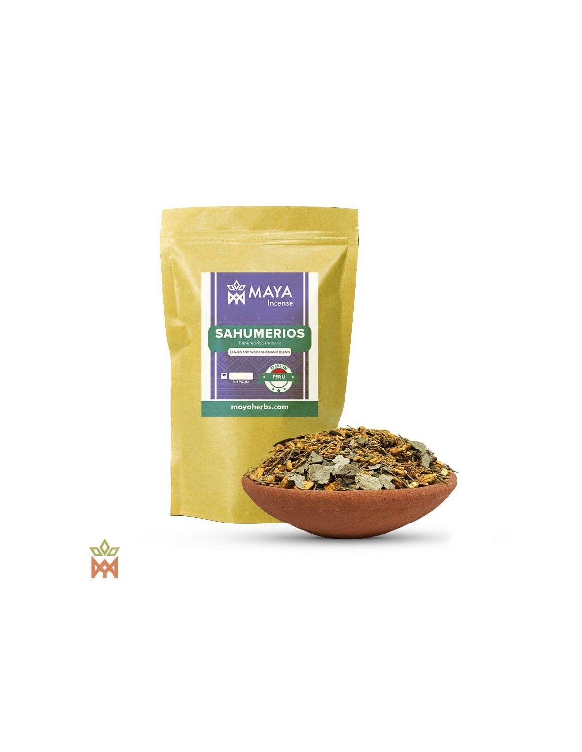 Sahumerios du Pérou – sachet Maya Incense à côté d’une coupelle du mélange de feuilles et de bois