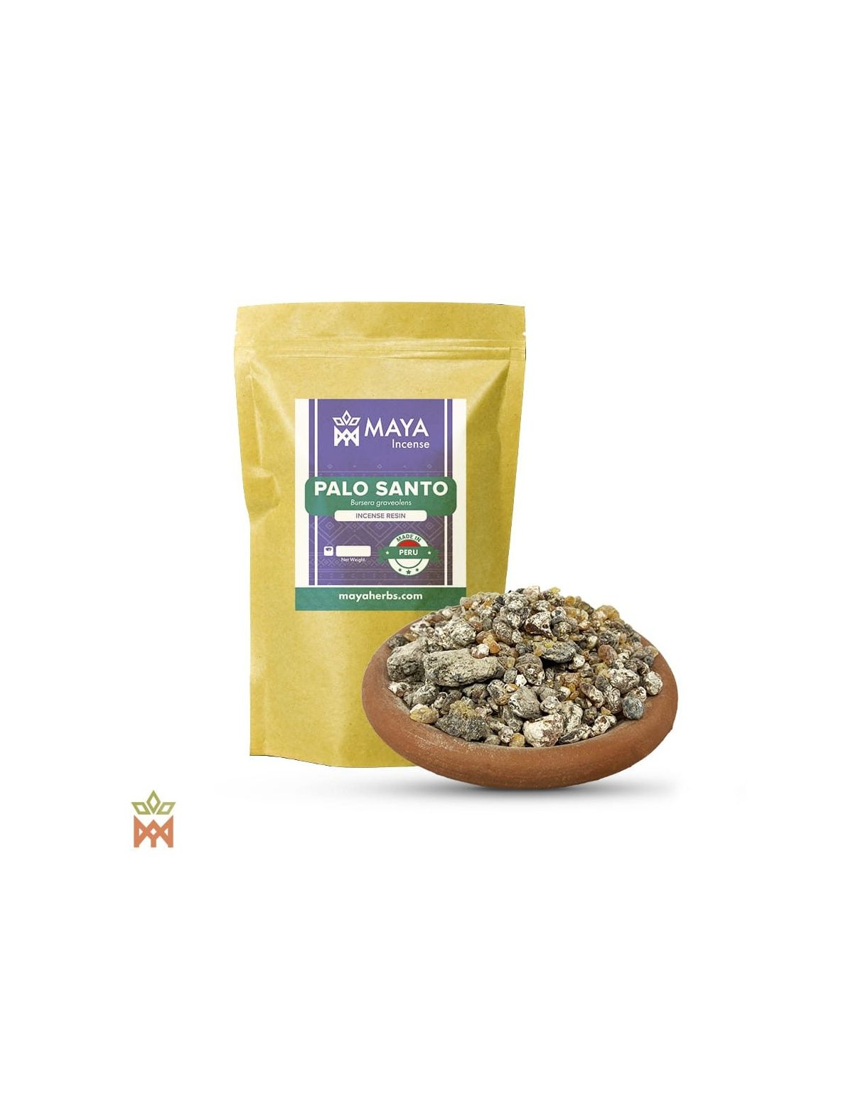 Palo santo du Pérou – Résine entière de sève, Bursera graveolens – sachet étiqueté et bol de résine en terre cuite