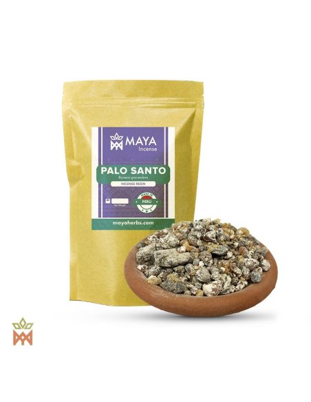 Palo santo du Pérou – Résine entière de sève, Bursera graveolens – sachet étiqueté et bol de résine en terre cuite