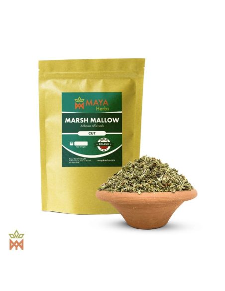 Guimauve de Pologne (Althaea officinalis) – sachet Maya Herbs « Cut » et plante finement coupée dans un bol en terre cuite