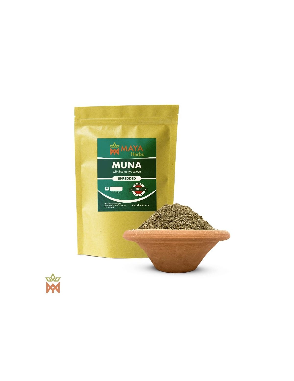 Muña du Pérou (Minthostachys setosa) – sachet Maya Herbs « Shredded » et plante fine dans un bol en terre cuite