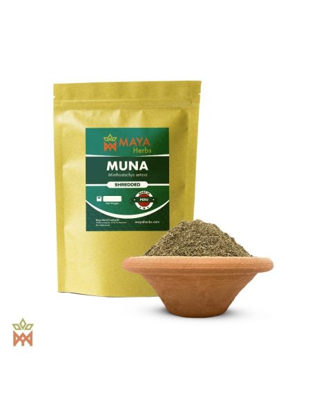 Muña du Pérou (Minthostachys setosa) – sachet Maya Herbs « Shredded » et plante fine dans un bol en terre cuite