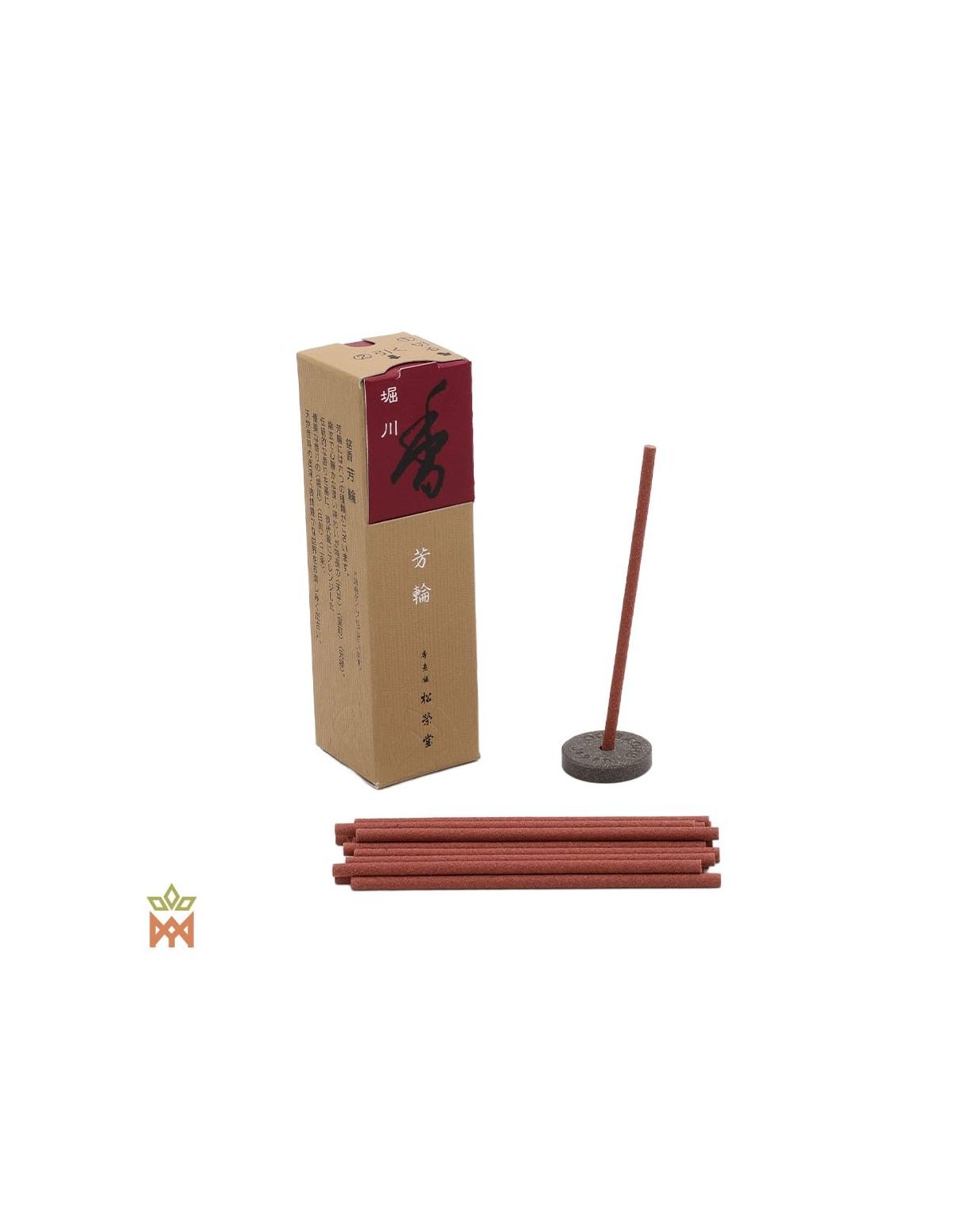 Horin Shoyeido du Japon – Quatre encens courts en bâtons – boîte Horikawa, bâtons et un bâton sur un support rond