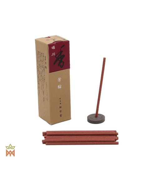 Horin Shoyeido du Japon – Quatre encens courts en bâtons – boîte Horikawa, bâtons et un bâton sur un support rond
