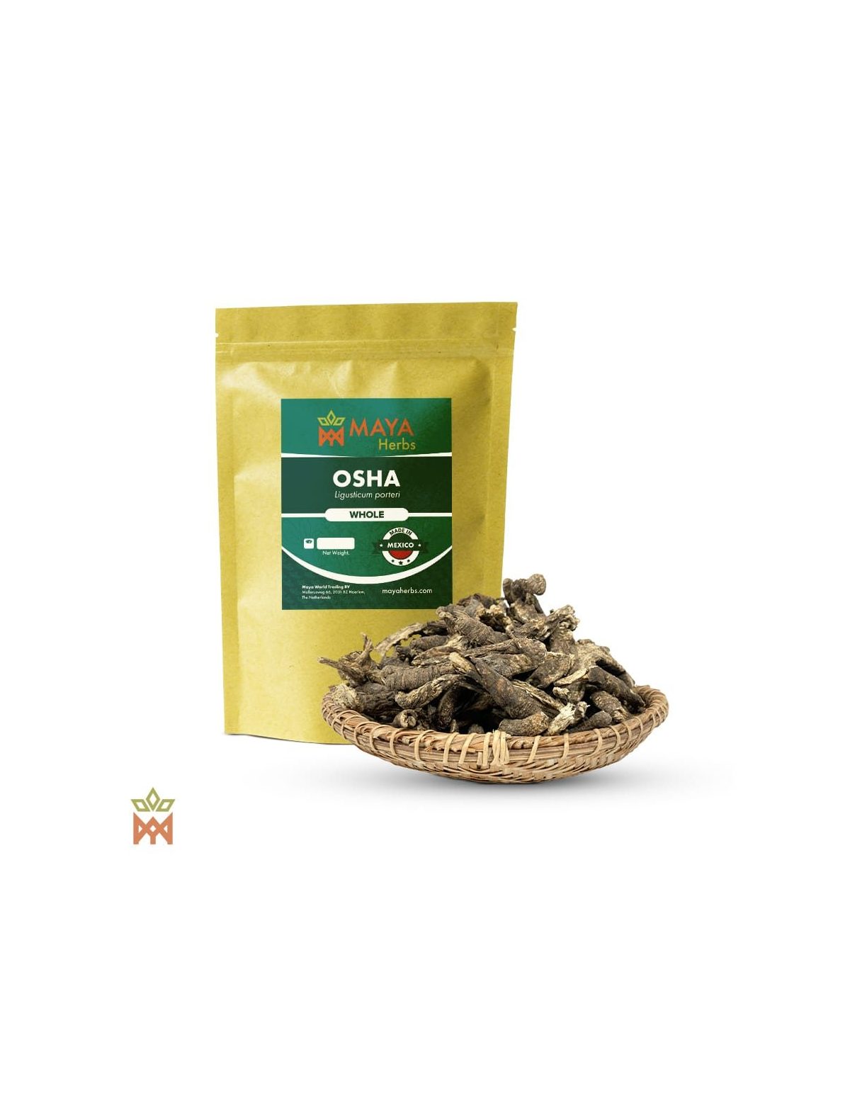 Osha du Mexique (Ligusticum porteri) – sachet Maya Herbs et racines entières séchées dans une corbeille tressée