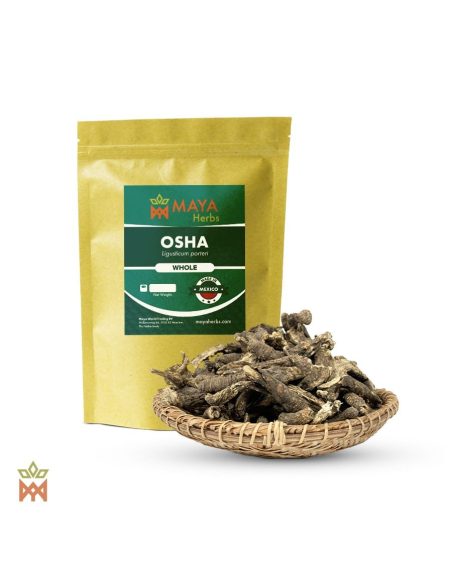 Osha du Mexique (Ligusticum porteri) – sachet Maya Herbs et racines entières séchées dans une corbeille tressée