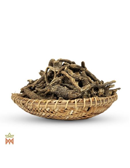 Osha du Mexique (Ligusticum porteri) – racines entières brun foncé et tordues dans une corbeille tressée