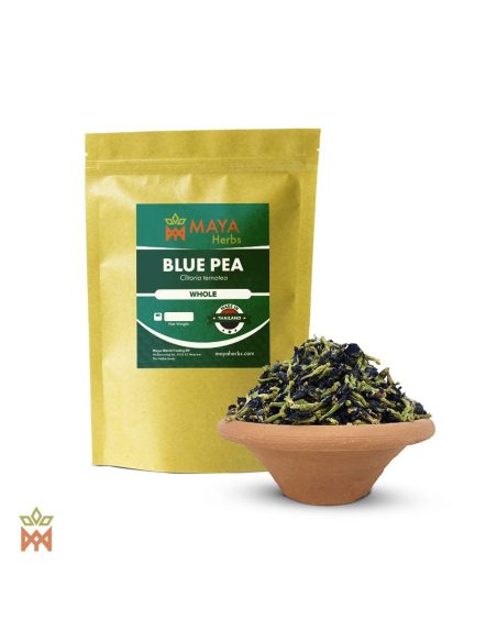 Pois bleu de Thaïlande (Clitoria ternatea) – sachet Maya Herbs « Whole » et fleurs séchées entières dans un bol en terre cuite