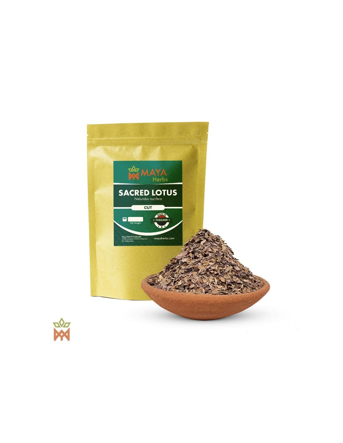 Lotus sacré (Nelumbo nucifera) – sachet Maya Herbs et fleurs coupées dans un bol en terre cuite