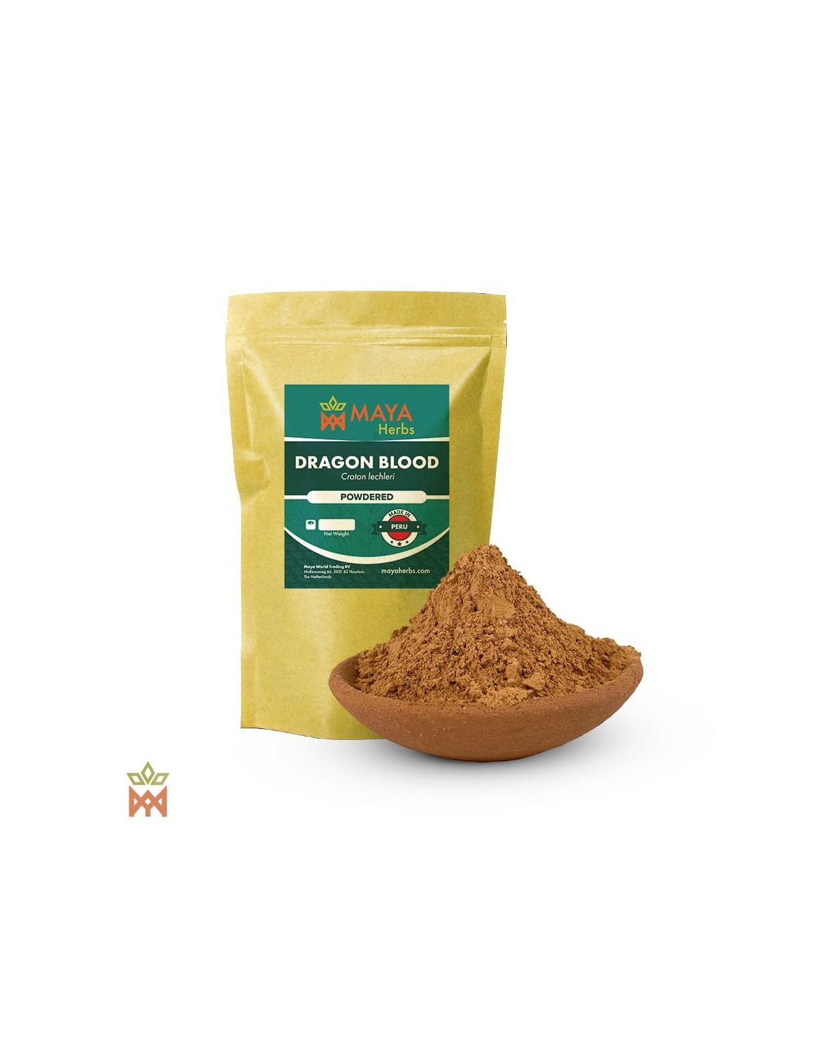Extrait 8:1 de sang-de-dragon (Croton lechleri) – sachet Maya Herbs et coupelle de poudre brun-rouge