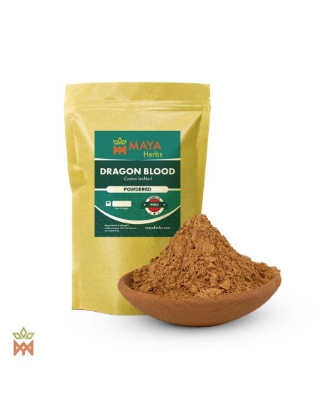Extrait 8:1 de sang-de-dragon (Croton lechleri) – sachet Maya Herbs et coupelle de poudre brun-rouge