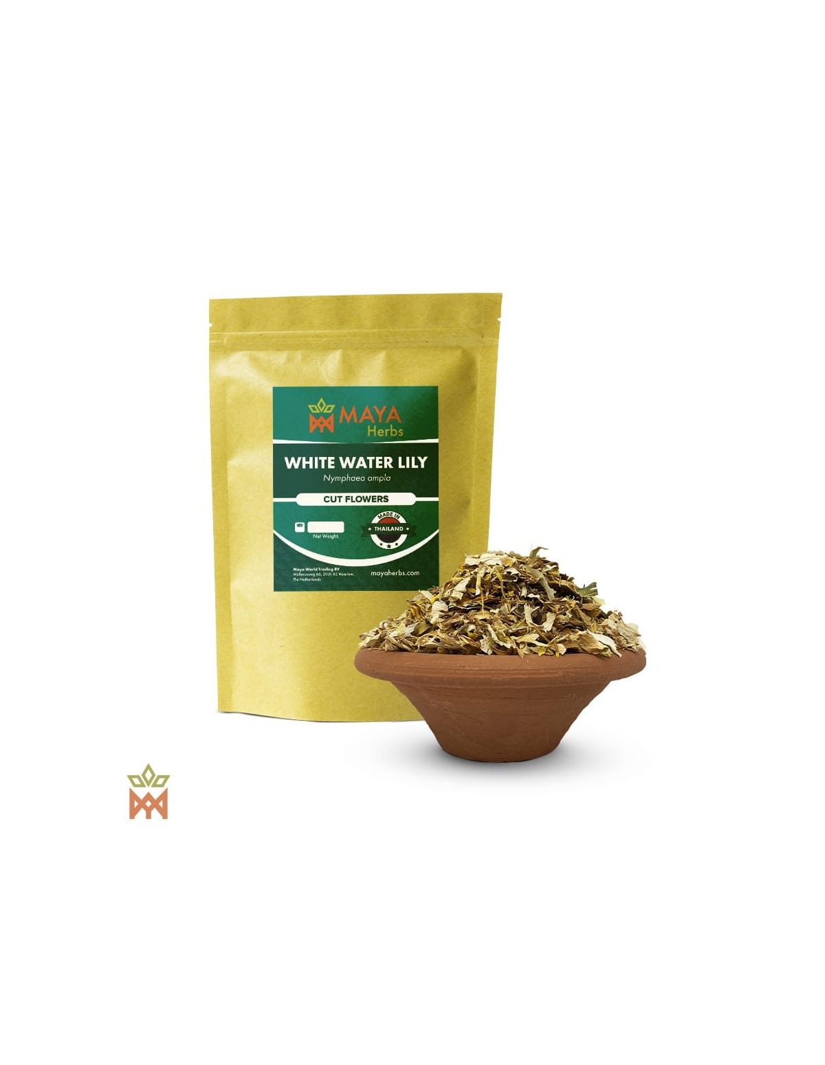 Nénuphar blanc (Nymphaea ampla) – sachet Maya Herbs et fleurs coupées dans un bol en terre cuite