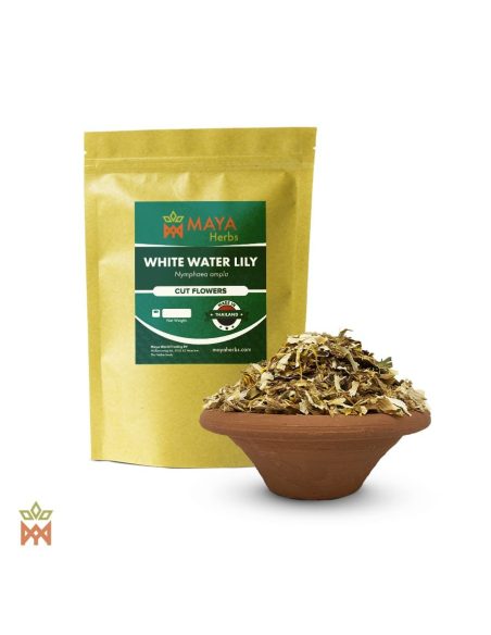 Nénuphar blanc (Nymphaea ampla) – sachet Maya Herbs et fleurs coupées dans un bol en terre cuite