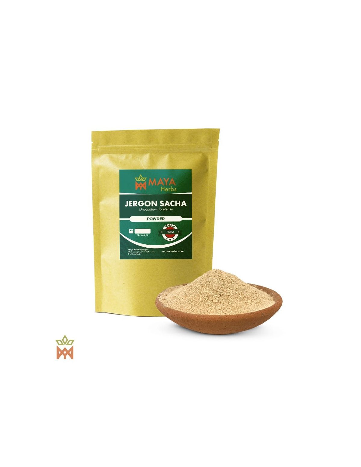 Jergon sacha (Dracontium loretense) – sachet Maya Herbs et racine en poudre dans un bol en terre cuite
