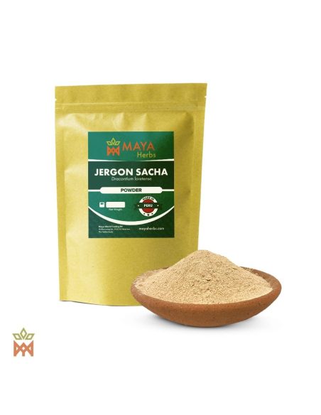 Jergon sacha (Dracontium loretense) – sachet Maya Herbs et racine en poudre dans un bol en terre cuite