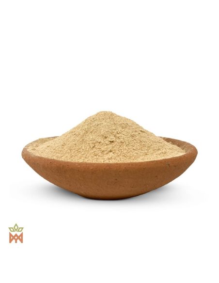 Jergon sacha (Dracontium loretense) – poudre de racine beige clair dans un bol en terre cuite