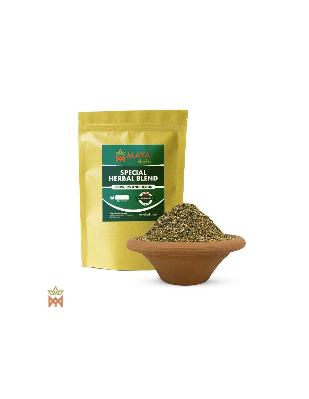 Mélange néerlandais de six plantes – sachet Maya Herbs Special Herbal Blend et coupe fine dans un bol en terre cuite