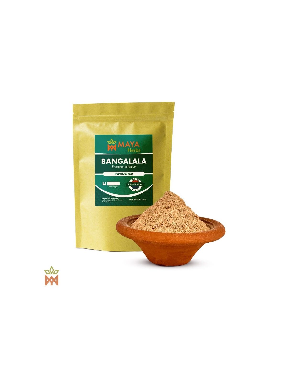 Poudre de racine de bangalala (Eriosema cordatum) – sachet Maya Herbs « Powdered » et poudre beige clair dans un bol