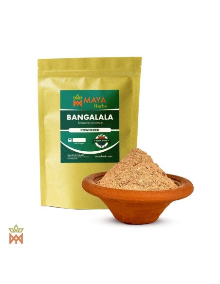 Poudre de racine de bangalala (Eriosema cordatum) – sachet Maya Herbs « Powdered » et poudre beige clair dans un bol