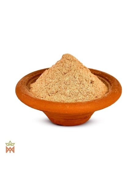 Poudre de racine de bangalala (Eriosema cordatum) – poudre fine beige clair dans un bol en terre cuite