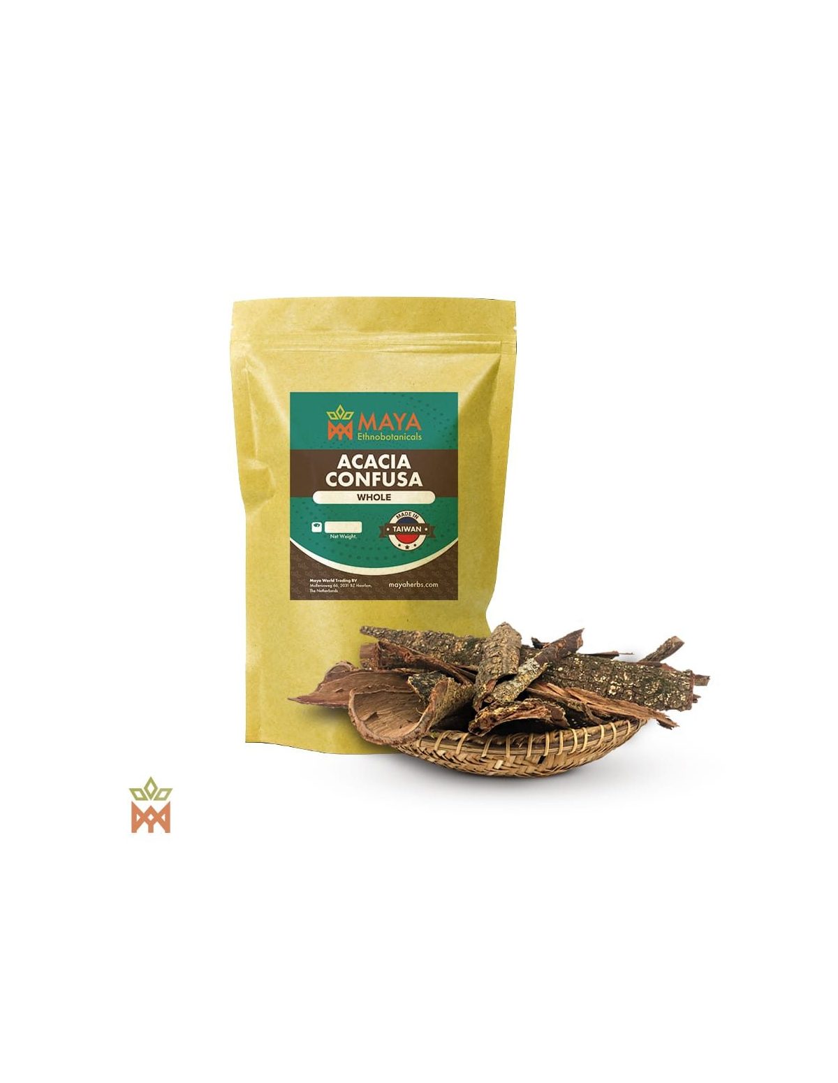Écorce d’acacia de Taïwan – Écorce entière, Acacia confusa – sachet étiqueté et corbeille de lanières d’écorce