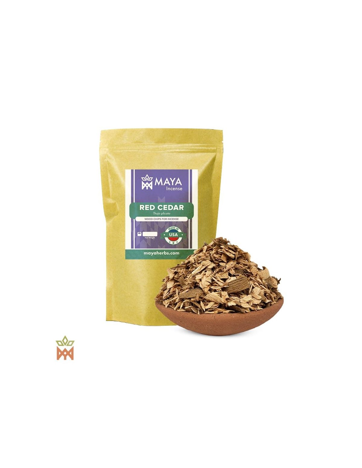 Copeaux de thuya géant (Thuja plicata) – sachet Maya Incense « Red Cedar » et copeaux de bois dans un bol en terre cuite