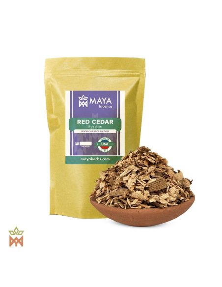 Copeaux de thuya géant (Thuja plicata) – sachet Maya Incense « Red Cedar » et copeaux de bois dans un bol en terre cuite