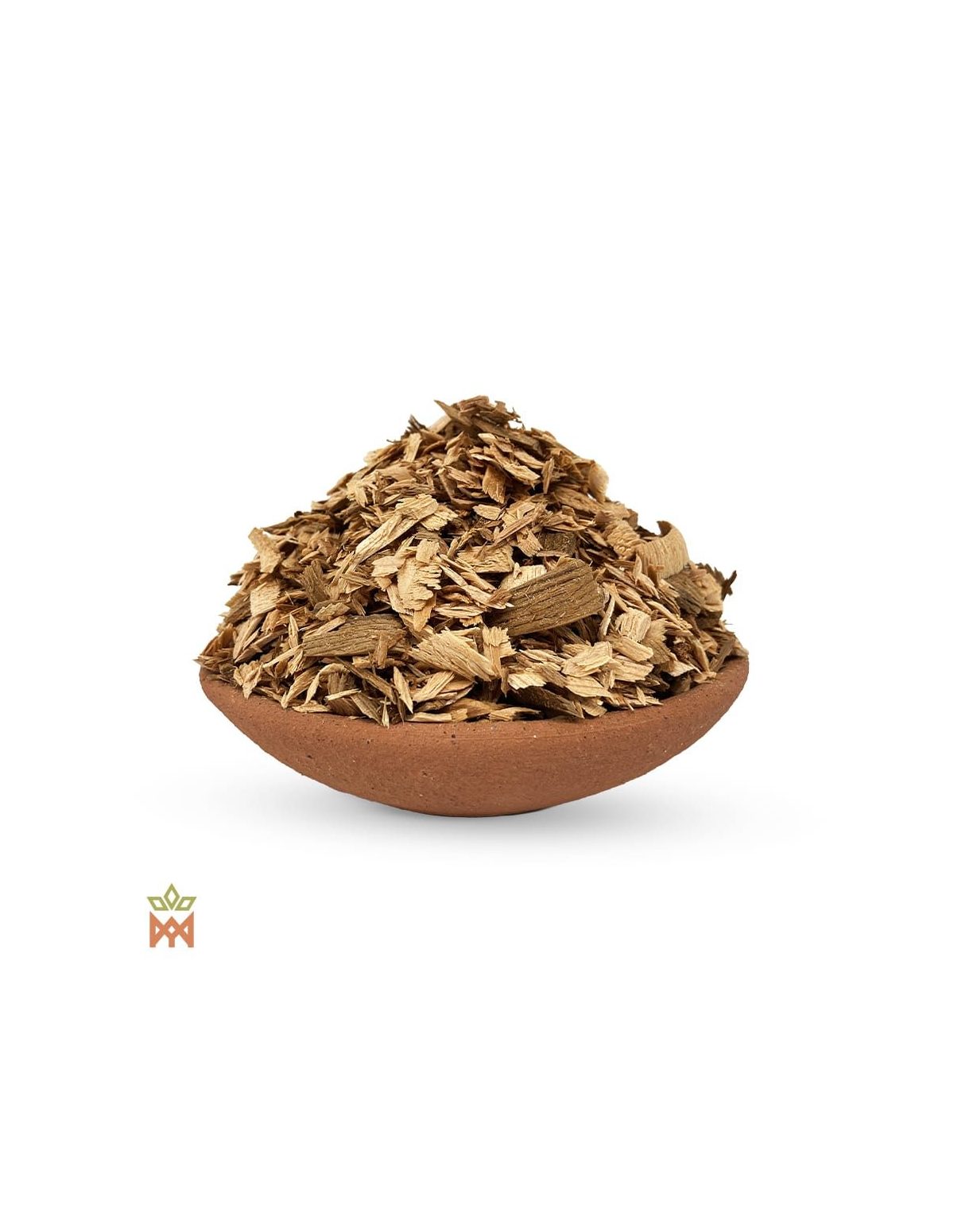 Copeaux de thuya géant (Thuja plicata) – lamelles et éclats de bois beige clair à brun dans un bol en terre cuite