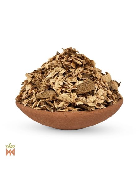 Copeaux de thuya géant (Thuja plicata) – lamelles et éclats de bois beige clair à brun dans un bol en terre cuite