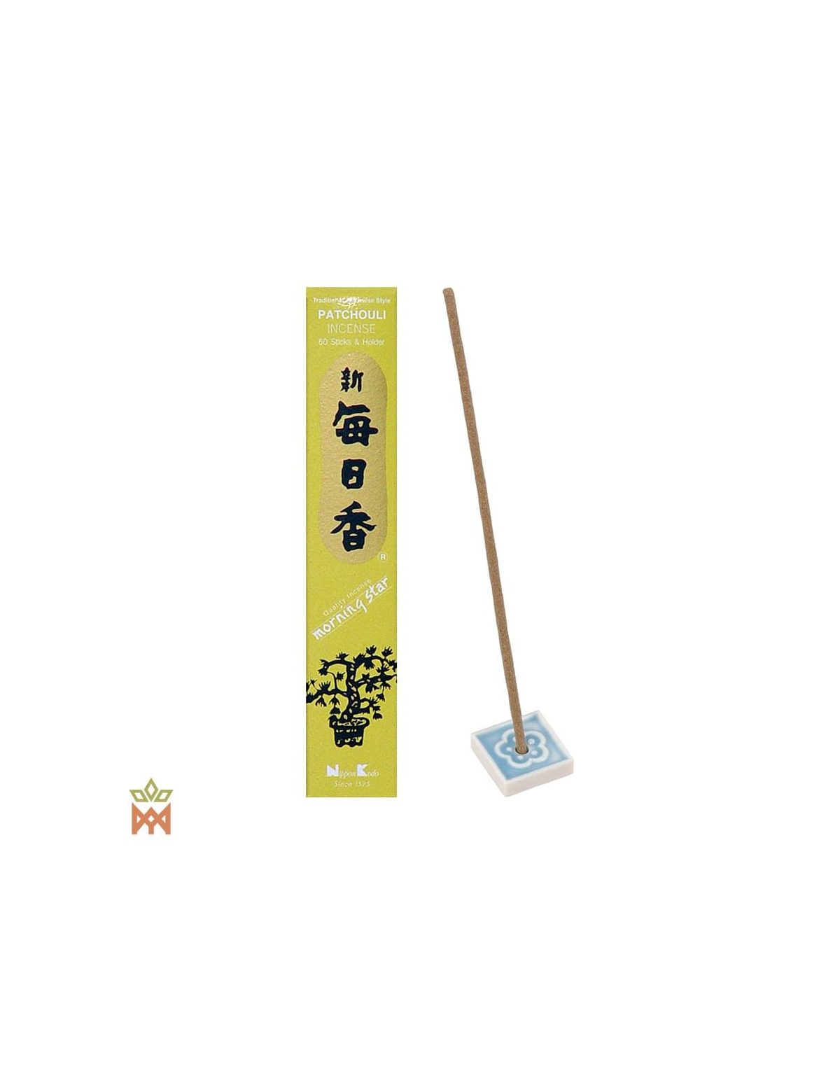 Encens patchouli Morning Star – 50 bâtonnets, Pogostemon cablin – boîte et un bâtonnet sur un support carré