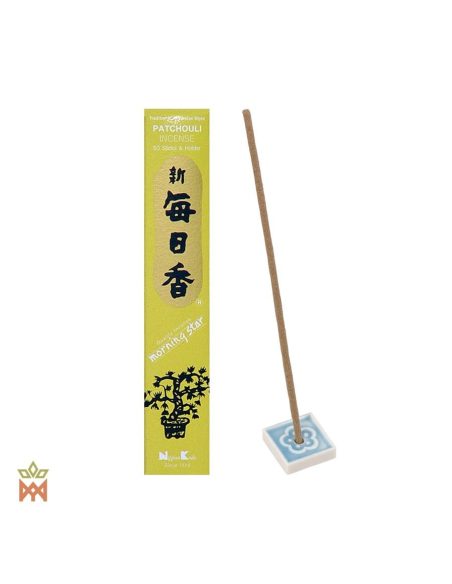 Encens patchouli Morning Star – 50 bâtonnets, Pogostemon cablin – boîte et un bâtonnet sur un support carré