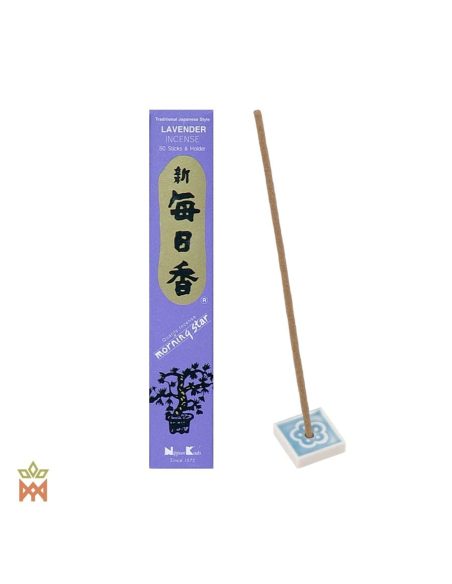 Lavande Morning Star du Japon – Bâtonnets d’encens sans tige – boîte et un bâtonnet sur un support carré