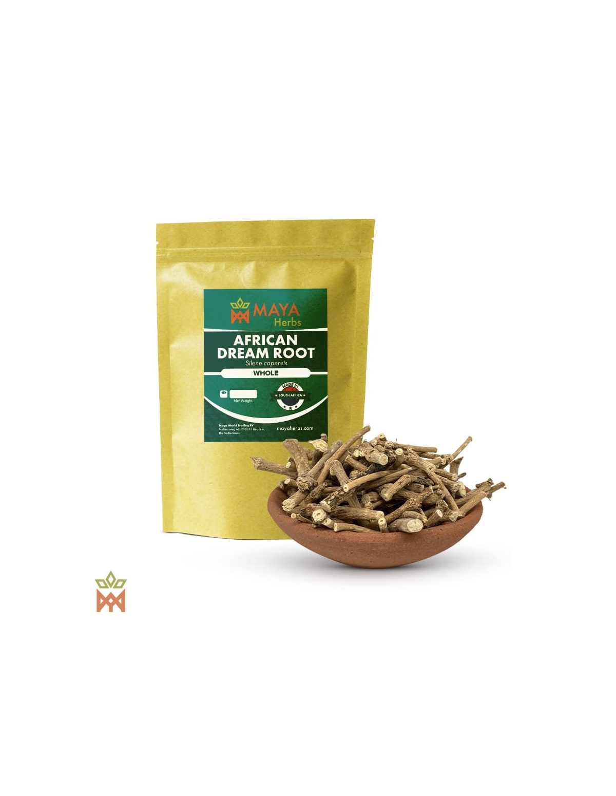 Racine des rêves (Silene capensis) – sachet Maya Herbs et coupelle de racines entières séchées