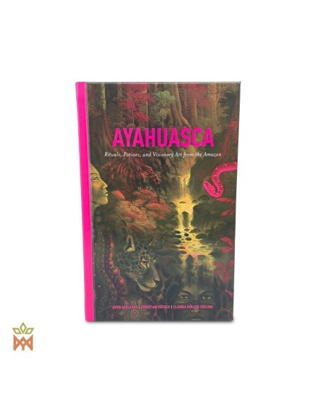 Ayahuasca, cultures et arts amazoniens – Livre relié de 310 pages – couverture avec un jaguar dans une forêt peinte