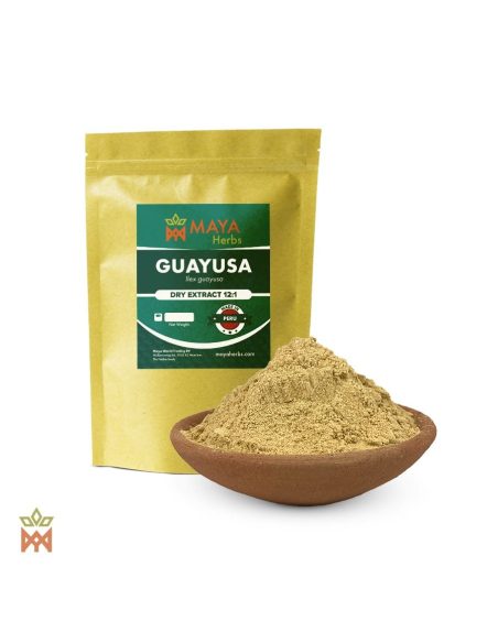 Extrait sec 12:1 de guayusa (Ilex guayusa) – sachet Maya Herbs Made in Peru et poudre dans une coupelle en terre cuite