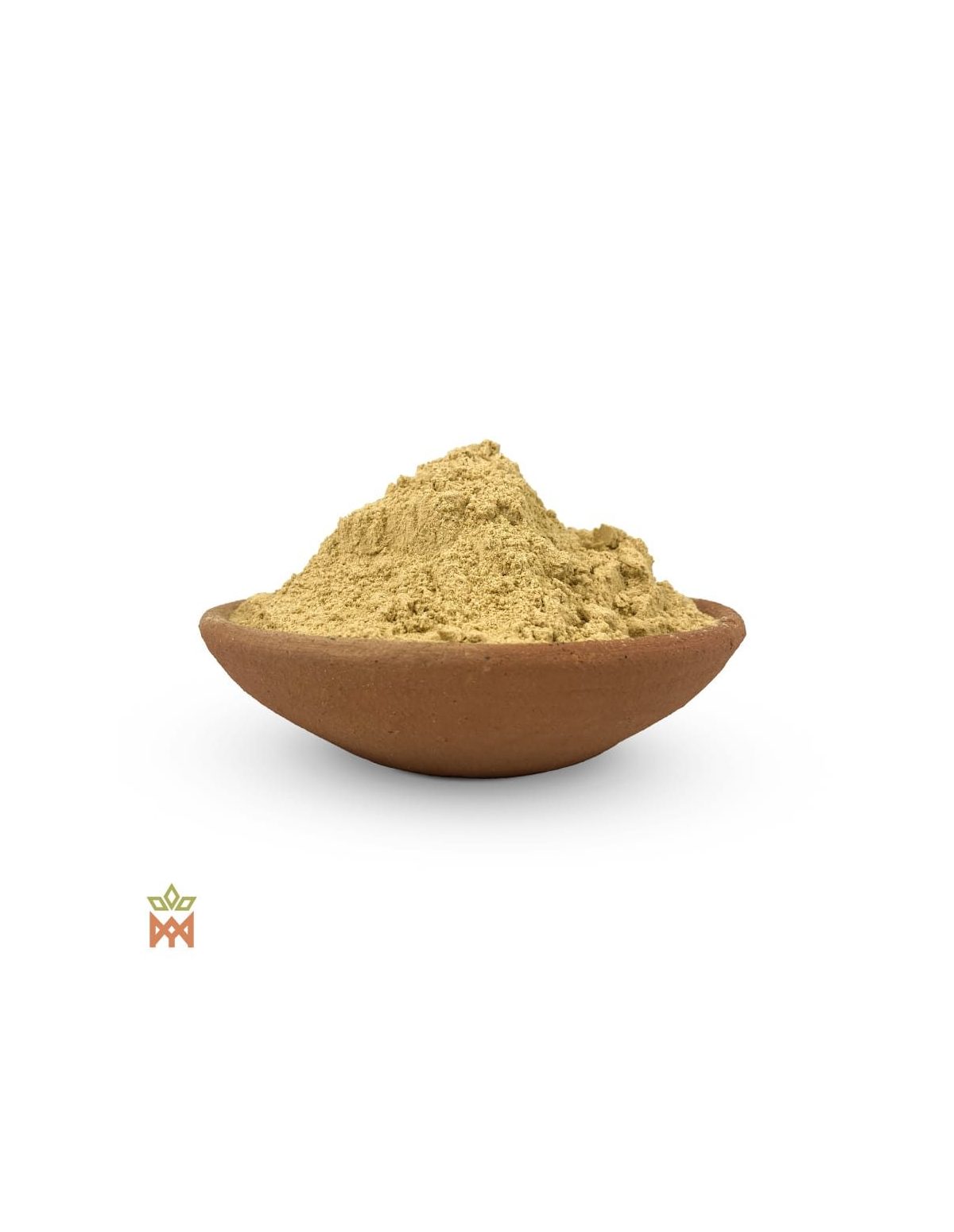 Extrait sec 12:1 de guayusa (Ilex guayusa) – poudre beige pâle dans une coupelle en terre cuite