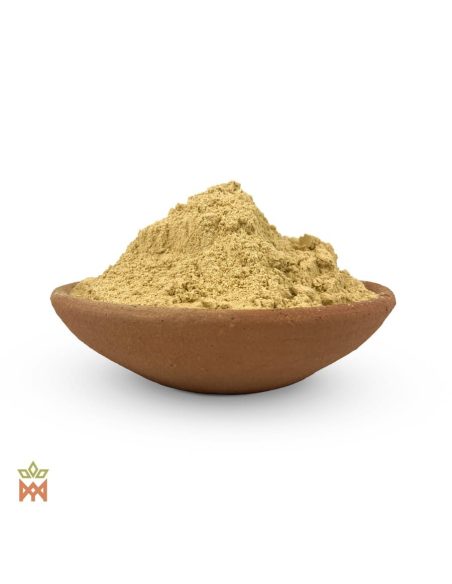 Extrait sec 12:1 de guayusa (Ilex guayusa) – poudre beige pâle dans une coupelle en terre cuite