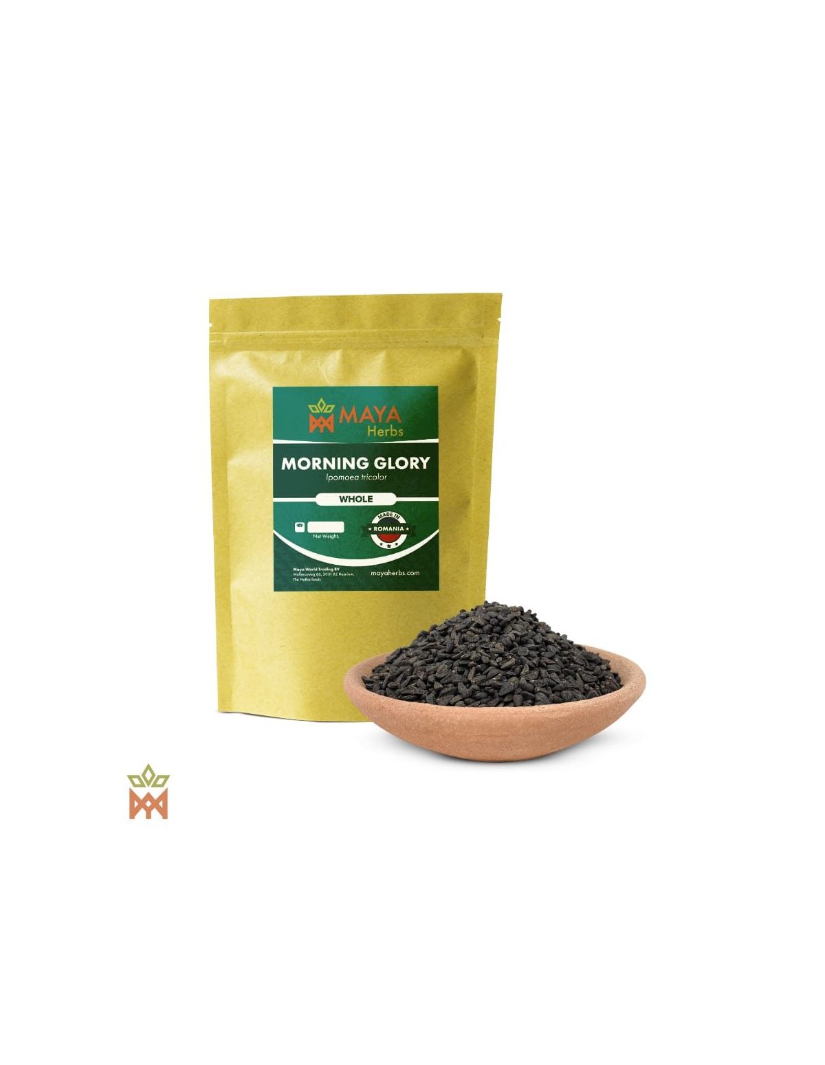 Ipomée tricolore de Roumanie (Ipomoea tricolor) – sachet Maya Herbs « Whole » et graines noires dans un bol en terre cuite