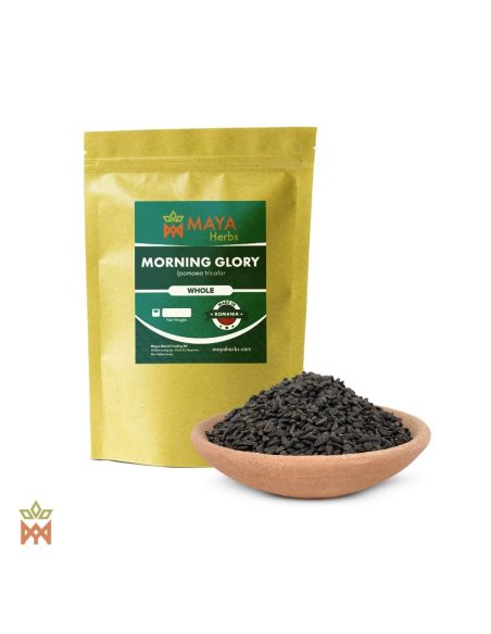 Ipomée tricolore de Roumanie (Ipomoea tricolor) – sachet Maya Herbs « Whole » et graines noires dans un bol en terre cuite