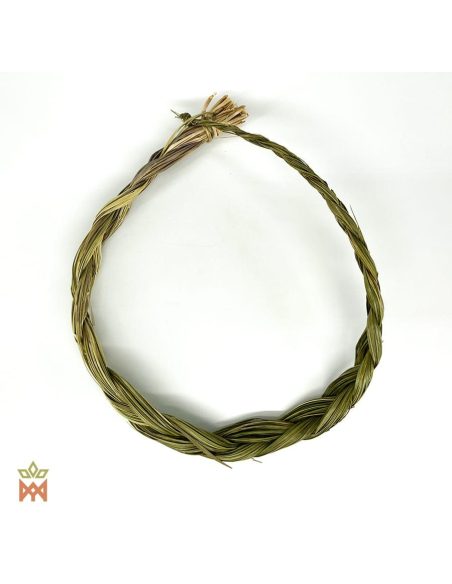 Tresse de foin d’odeur vue du dessus, nouée à un bout, Hierochloe odorata