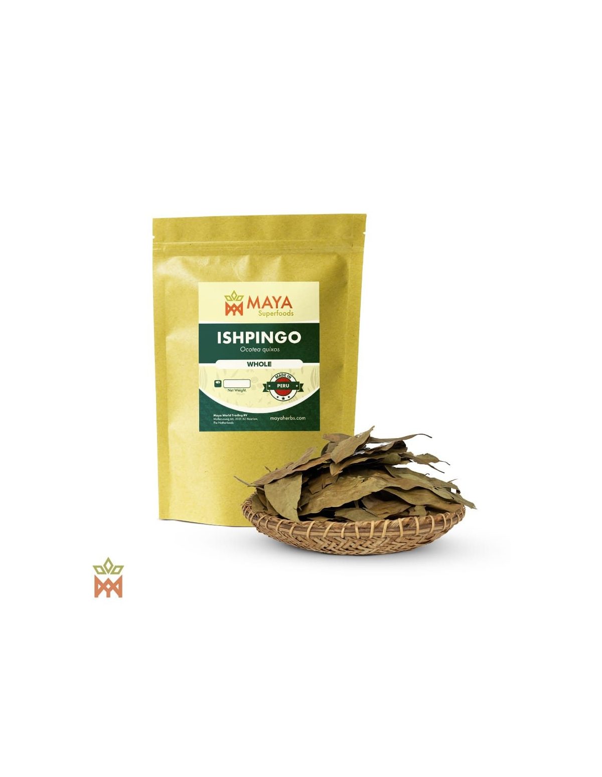 Ishpingo du Pérou (Ocotea quixos) – sachet Maya Superfoods « Whole » et feuilles séchées dans un panier tressé