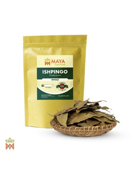 Ishpingo du Pérou (Ocotea quixos) – sachet Maya Superfoods « Whole » et feuilles séchées dans un panier tressé