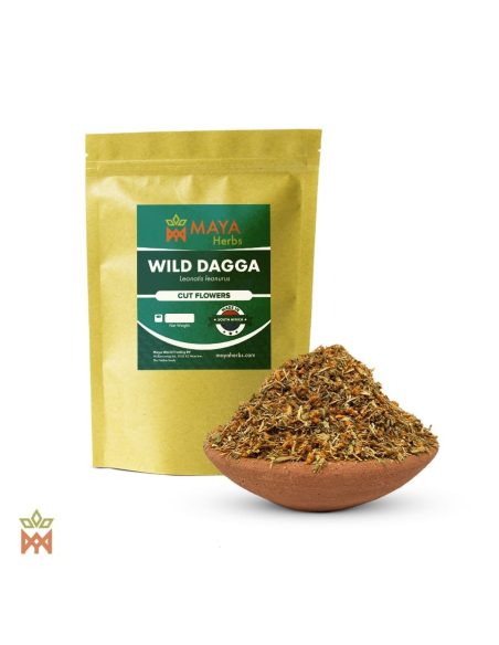 Wild dagga d’Afrique du Sud – sachet Maya Herbs « Cut Flowers » et fleurs finement coupées dans un bol en terre cuite