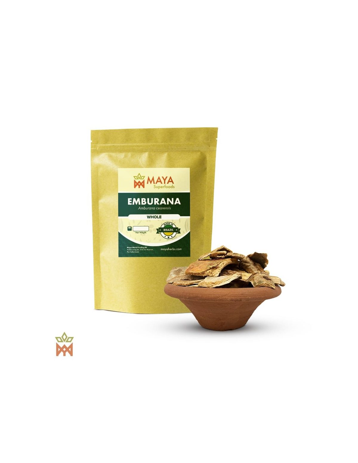 Emburana du Brésil (Amburana cearensis) – sachet Maya Superfoods « Whole » et morceaux d’écorce dans un bol en terre cuite