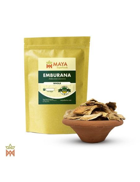 Emburana du Brésil (Amburana cearensis) – sachet Maya Superfoods « Whole » et morceaux d’écorce dans un bol en terre cuite