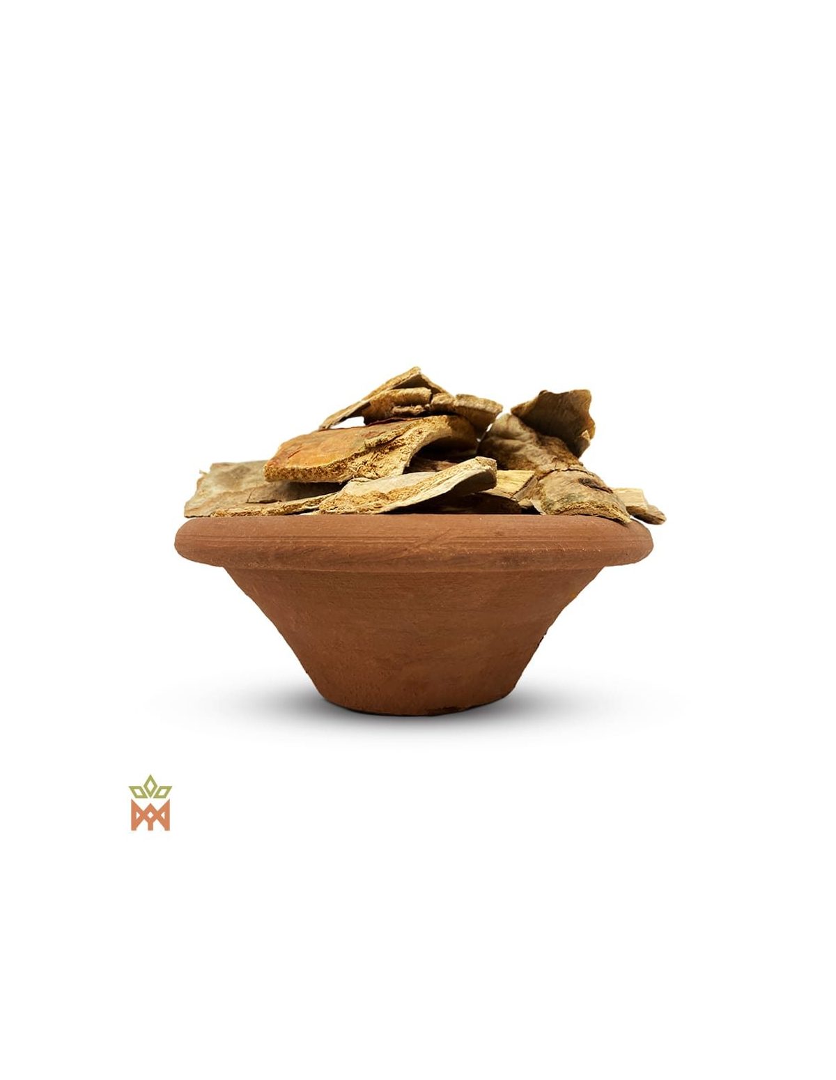 Emburana du Brésil (Amburana cearensis) – plaques d’écorce gris beige dessus, brun orangé dessous, dans un bol en terre cuite