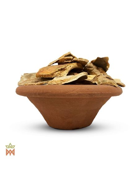 Emburana du Brésil (Amburana cearensis) – plaques d’écorce gris beige dessus, brun orangé dessous, dans un bol en terre cuite