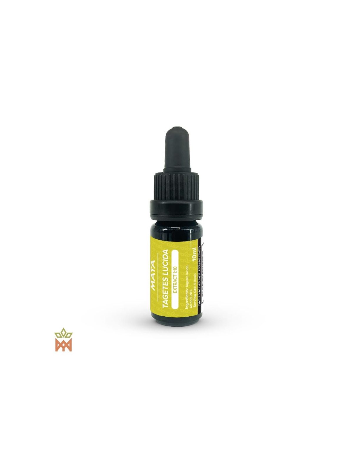 Teinture de Tagetes lucida du Mexique – flacon compte-gouttes de 10 ml en verre foncé, étiquette jaune Maya « Extract 1:10 »